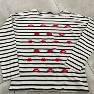 J Crew Long Sleeve T shirt. Beige with navy blue stripes. Kisses. Size S.